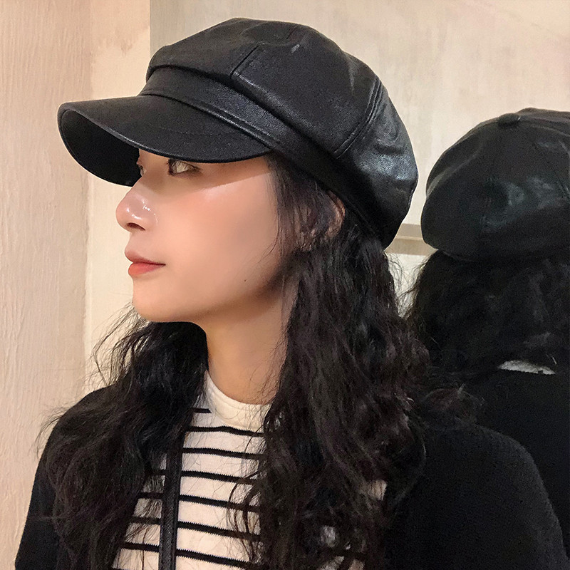 Picture of Korean Leather Beret Women's Autum Korean Style Student Cute Versatile Pu British Style Octagonal Hat Pumpkin Hat