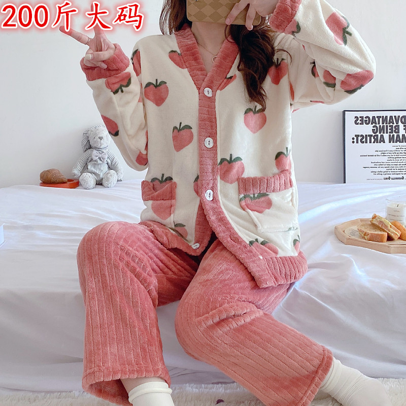 Large size autumn and winter pajamas for plump MM200 girls peach flannel warm coral fleece homewear suit