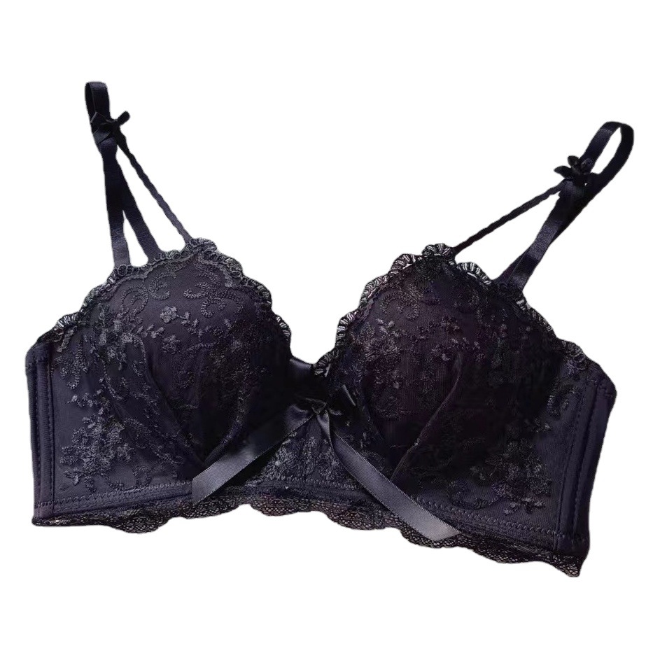 Embroidered lace girl's underwear small chest push up big wireless bra comfortable non-empty cup side bra suit
