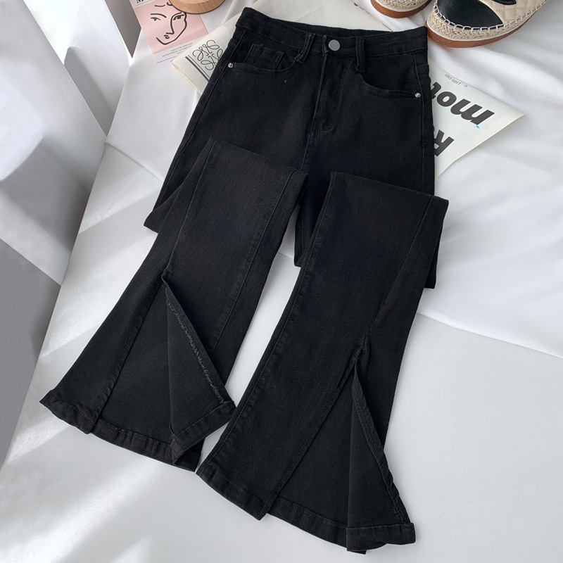 Real Shot Jeans Women's 2021 New Black Elastic High Waist Slimming Micro Horn Straight Tube Split Wide Leg Pants