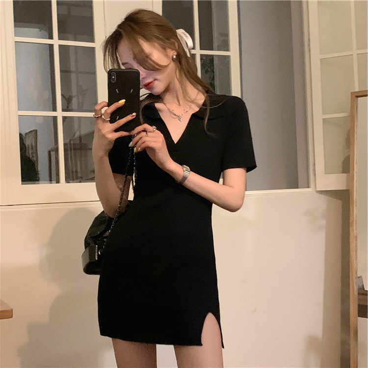 V-Neck Bag Arm Dress Women's Summer 2022 New French Style Retro Elegant Slim-Fit Black Hot Girl Skirt