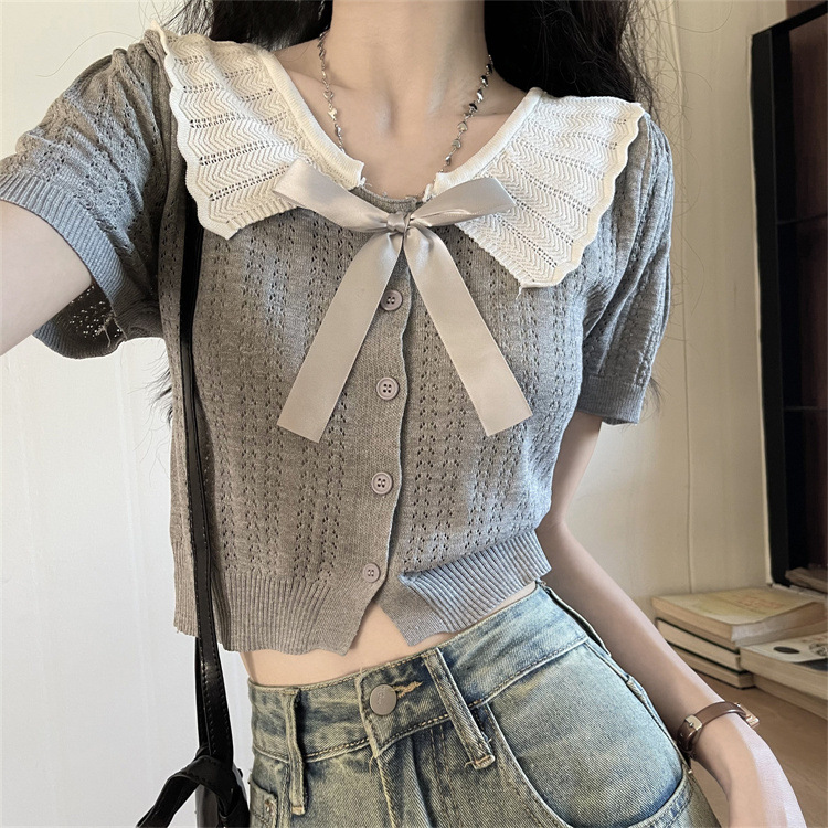 Unique and Chic Small Shirt Contrast Color Short-sleeved Sweater Women's Summer 2024 New Arrival Small All-match Cardigan Top
