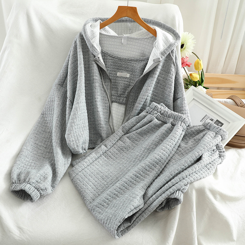 Picture of Large Size Sports Style Casual Suit Women's Spring and Autumn Sling Hooded Sweatshirt Jacket Long Pants Large Size Three-piece Suit