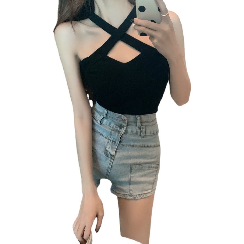 2024 New Summer Style Hong Kong Style Sexy Off-Shoulder Halter Top Women's Inner Wear and Outer Wear Beautiful Back Short Camisole Trendy