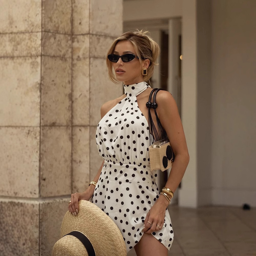 Amazon Cross-Border New Women's Polka Dot Halterneck Backless Lace-Up Fashionable and Sexy French Simple Short Dress