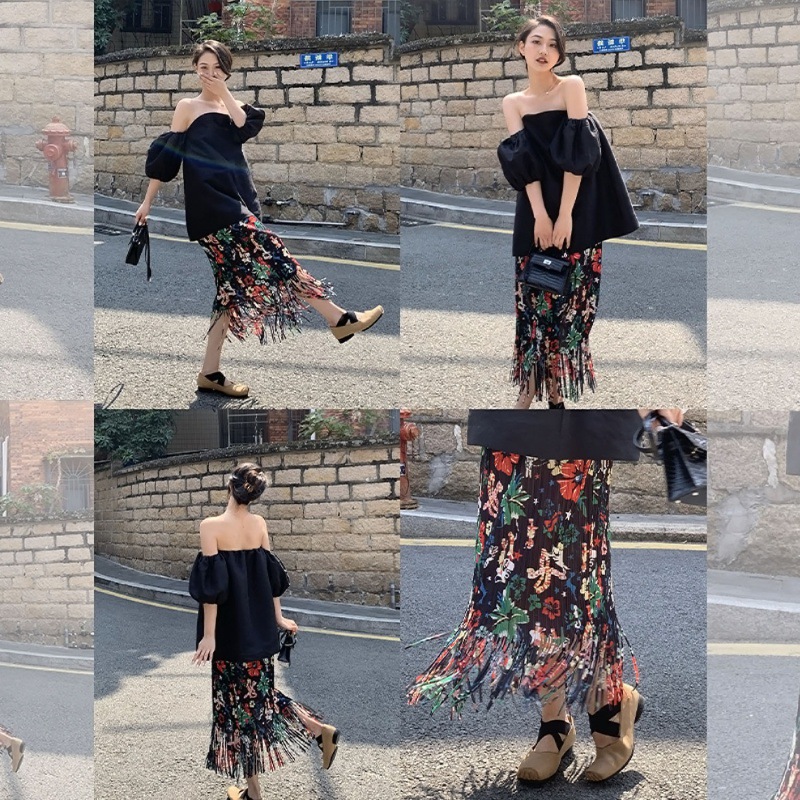 Picture of 2024 Summer Pleated Fashionable Slim Fit Miyake Printed Pleated Tassel Skirt