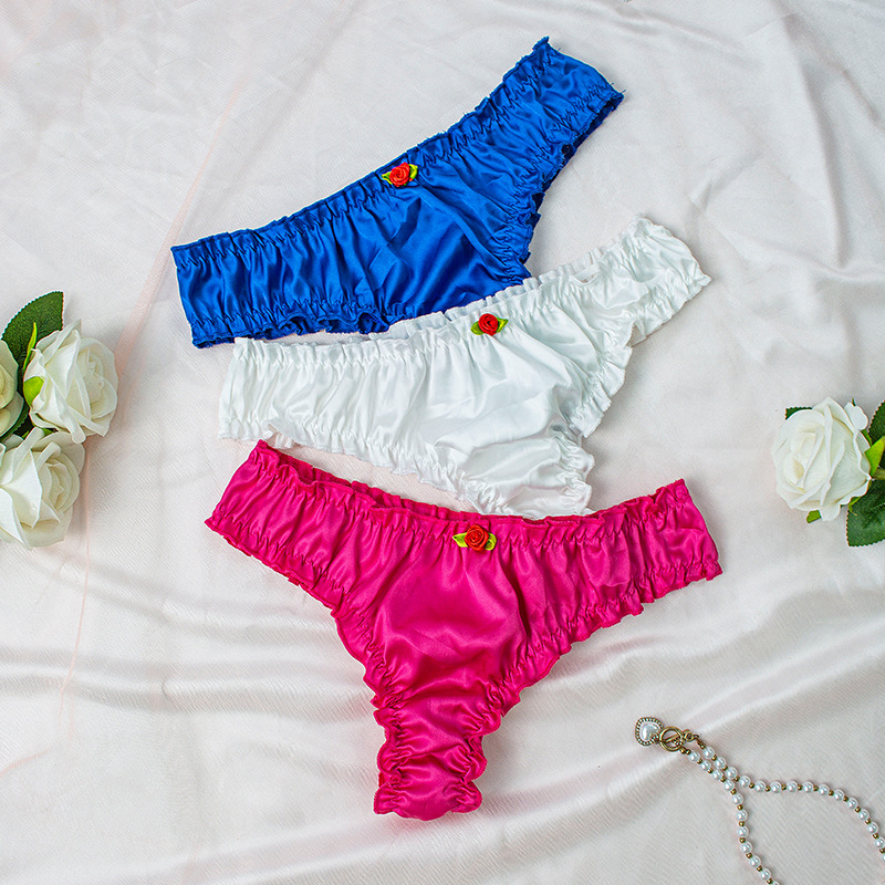 Amazon Women's Low-waisted Briefs Silk Satin Breathable Comfortable Sexy Panties Multi-color Combination Three-piece Set