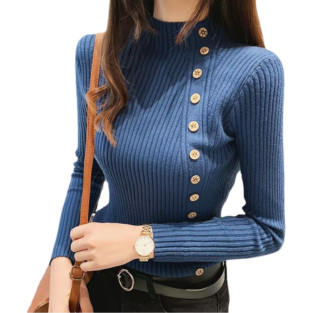 Korean Style Long-Sleeved Button-Down Bottoming Shirt Top Fashionable Slim Pullover Knitwear Half Turtleneck Knitwear for Women Autumn and Winter