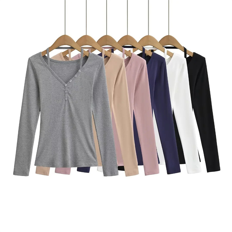 Hot Girl Light Mature Pure Want Hanging Neck Button Long Sleeve T-shirt Autumn New Stretch Slim-fit Slimming Inner Base Shirt for Women