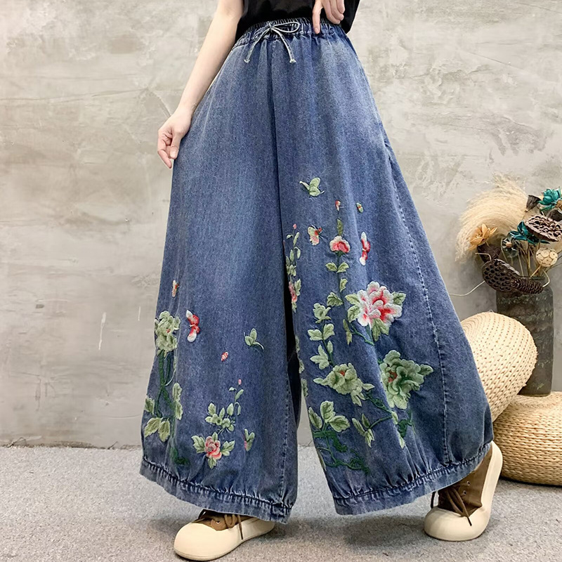 Ethnic style heavy-duty embroidered bloomers women's summer thin plus size loose slimming Western style wide-leg pants culottes