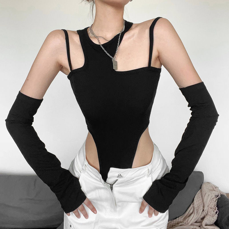 European and American Style Hot Girl Suspender Jumpsuit Women's Spring Sexy Sleeved T-Shirt Design Vest Top with Backless