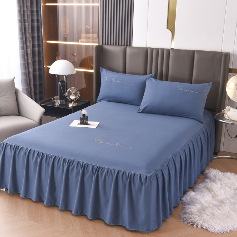 Solid color bed skirt one-piece simple washed cotton lace bedspread skirt bedspread Simmons dustproof non-slip protective cover