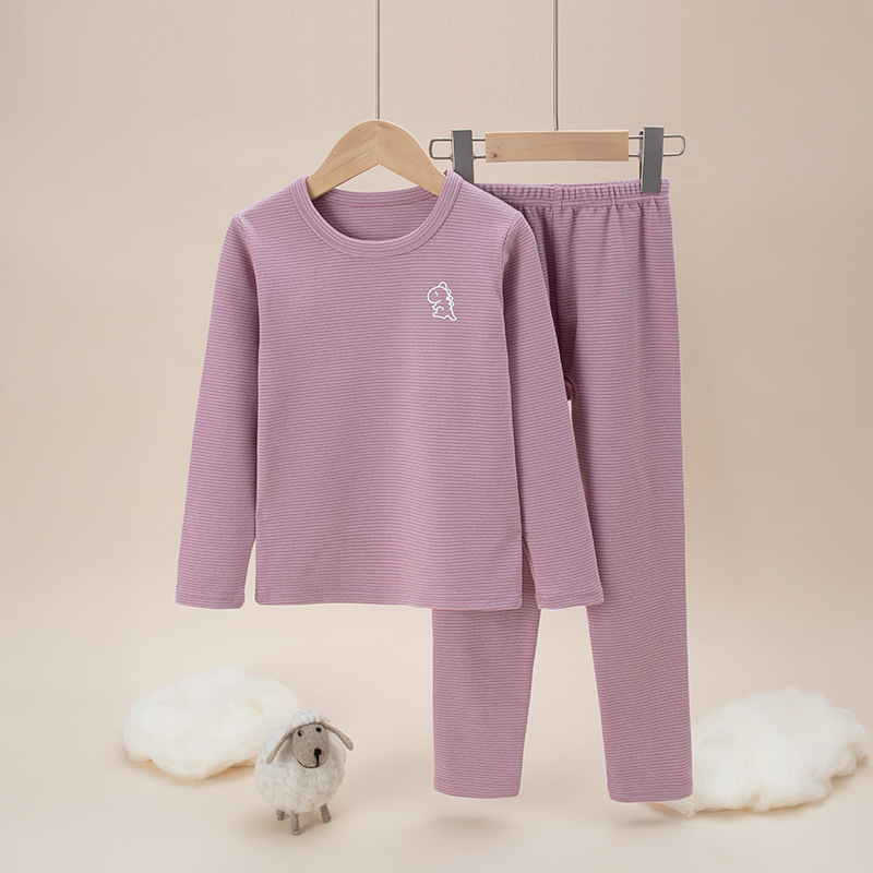 Picture of Children's double-sided brushed plush Long Johns boys and girls winter thermal underwear suit mid-collar bottoming striped pajamas