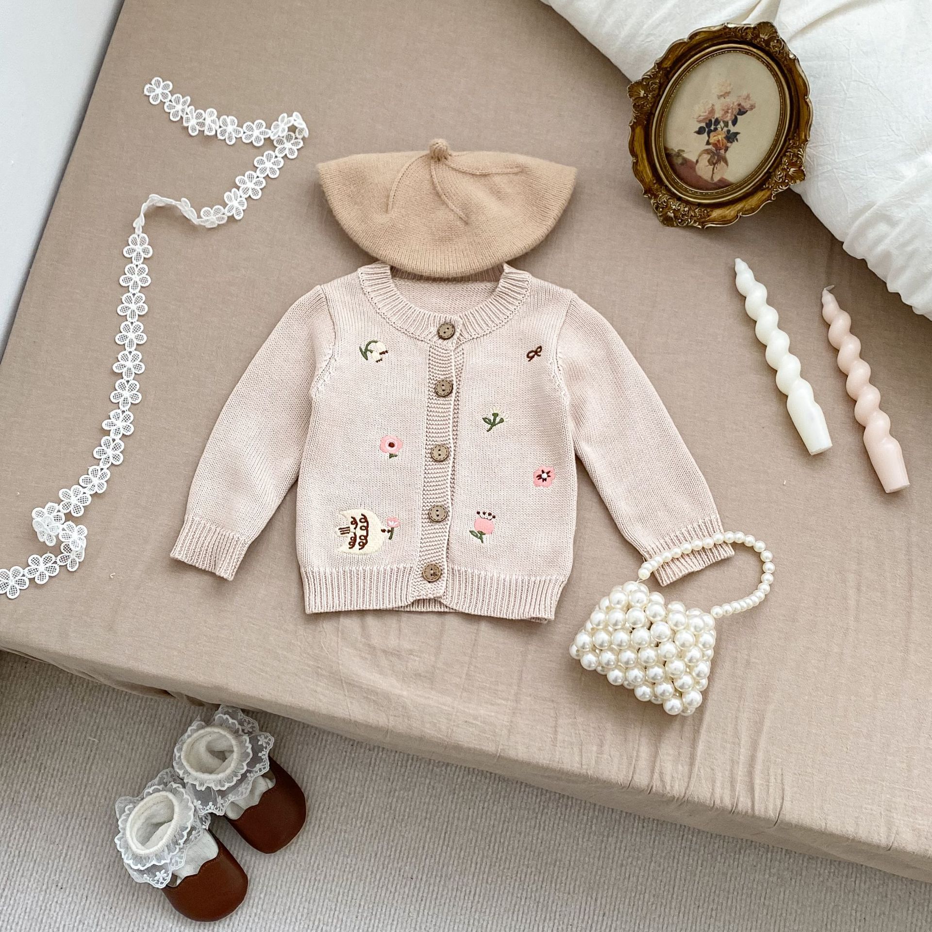 Spring and Autumn New Round Neck Knitted Cartoon Embroidered Sweater Baby Cute Pattern All-match Cardigan Jacket Early Autumn Cardigan