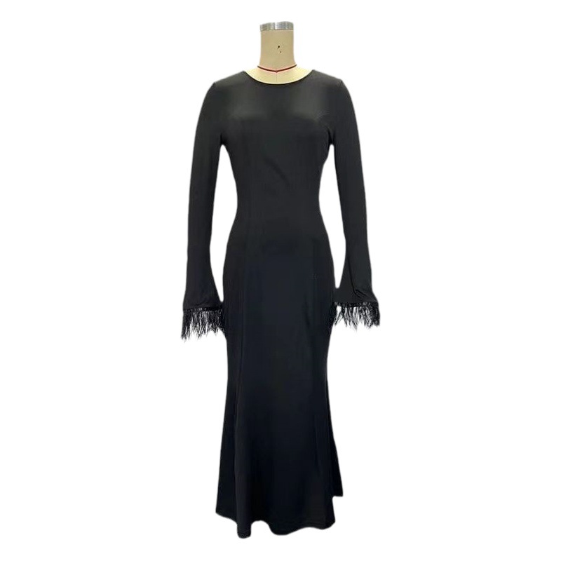 Autumn and Winter new European and American cross-border women's clothing feather cuff long dress elegant waist slimming slim dress