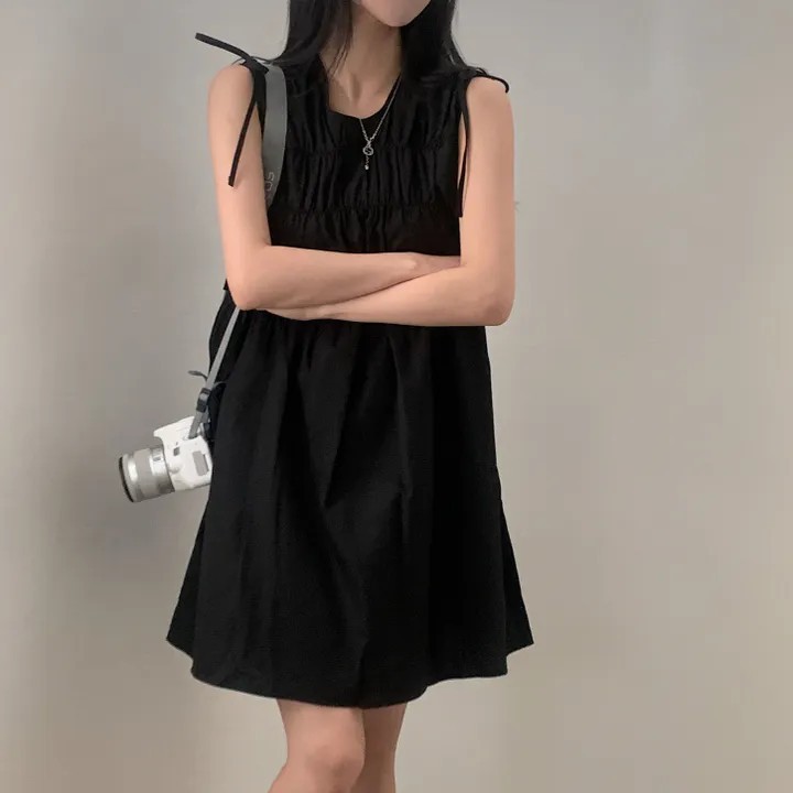 In-Stock Korean Chic Niche Retro Ruched Bow Tie Petite Sleeveless Tank Dress for Women