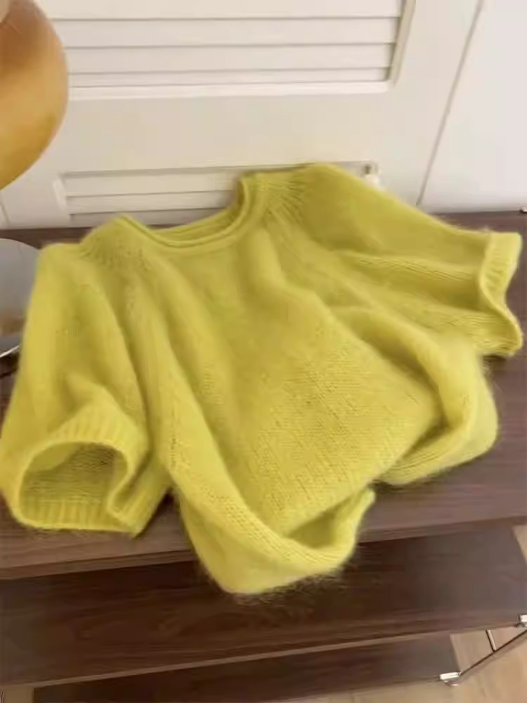 New Summer Soft Waxy Mustard Yellow Short-Sleeved Mohair Sweater for Women Loose Lazy Style Sweet Knitted Top