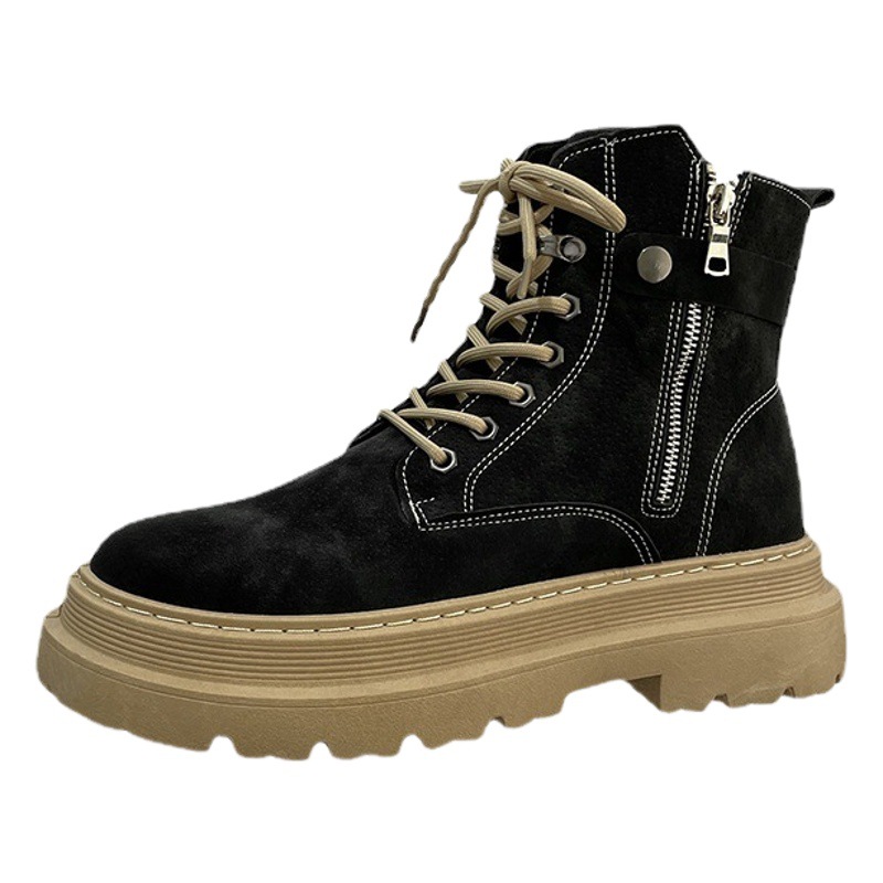 2025 Men's Martin Boots Black Leather High-Top British Style National Trend Cross-Border Motorcycle Leather Boots Shoes with Fleece Lining and Thickened Design