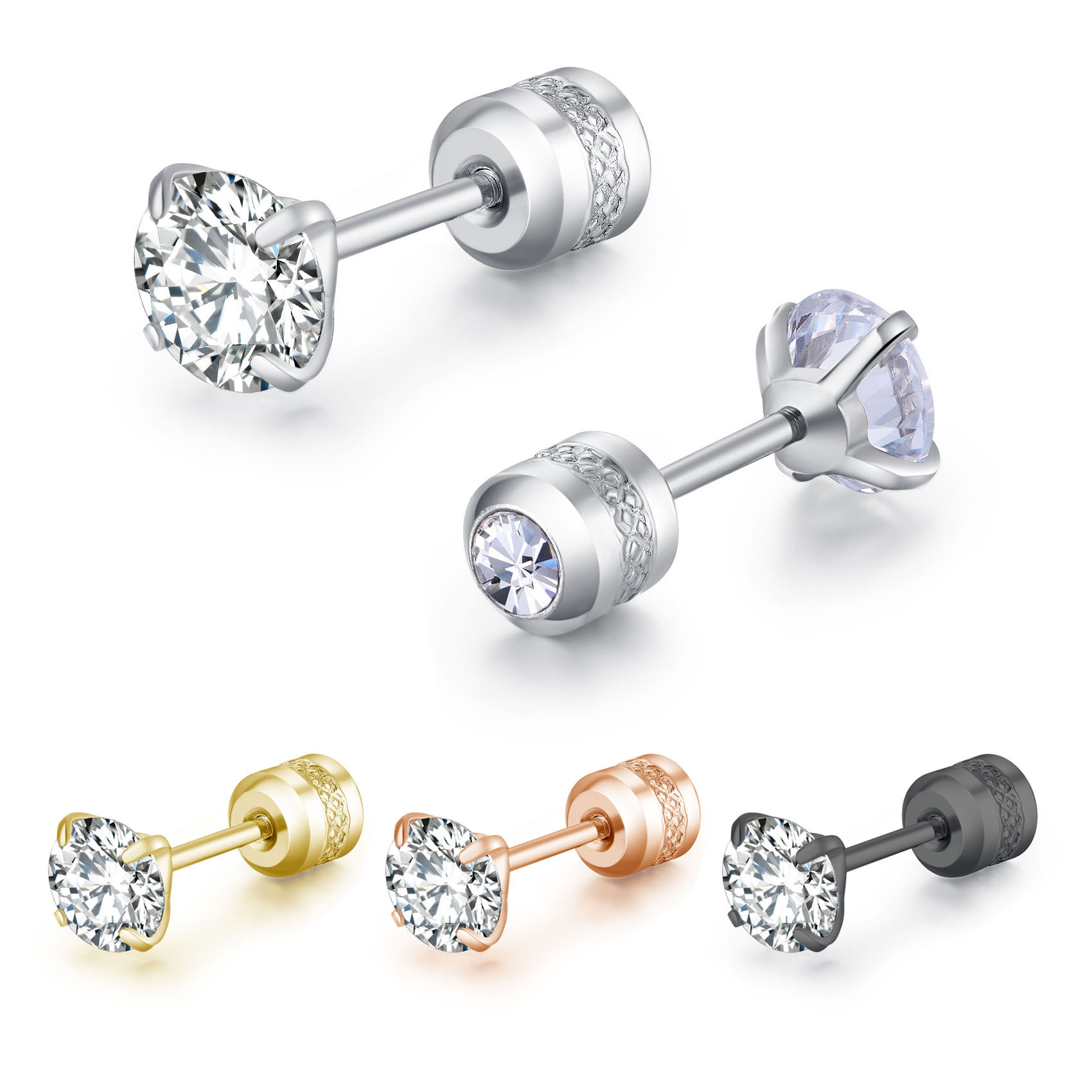[Big Sale] Titanium Steel Four-Prong Round Double Zircon Earrings Stainless Steel Two-End Zircon Earrings Earrings