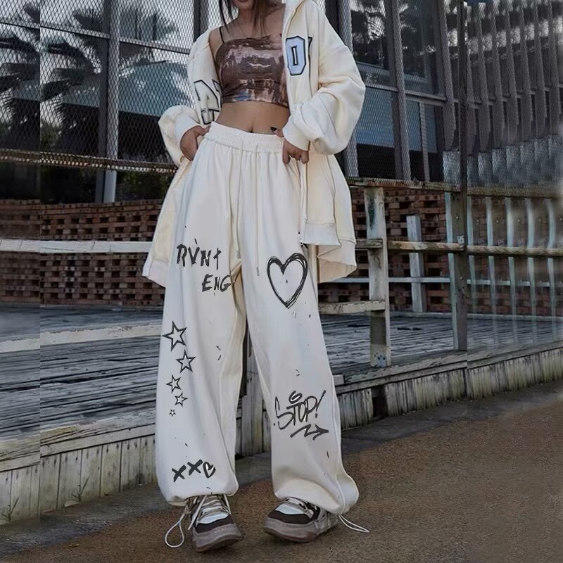 American Street Hip Hop Graffiti Straight Trousers for Men and Women Spring and Autumn Fashion Personalized Loose Street Dance Drawstring Casual Pants