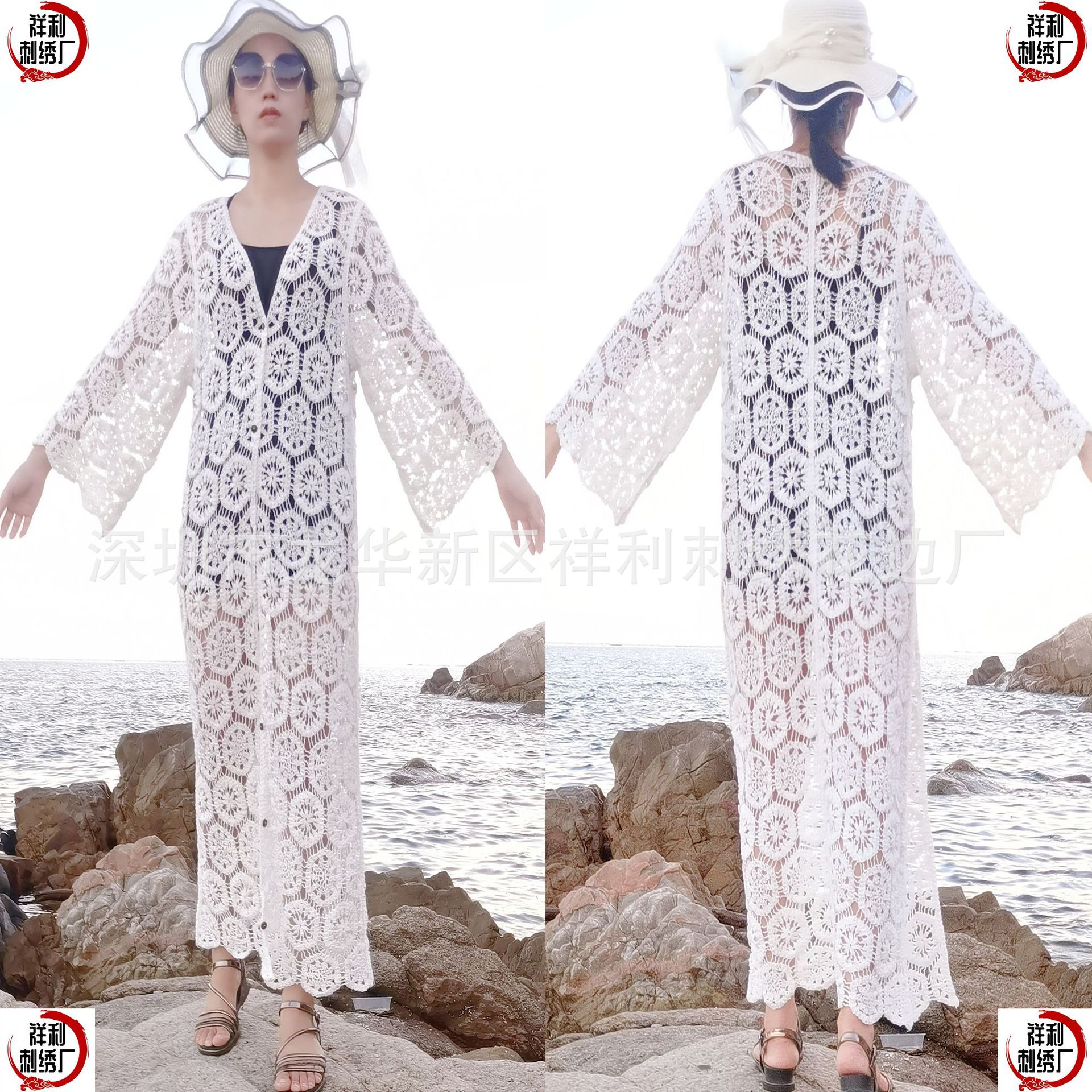 European and American style women's knitted vest long-sleeved cardigan dress shawl women's heavy work crocheted hollow retro long beach shirt