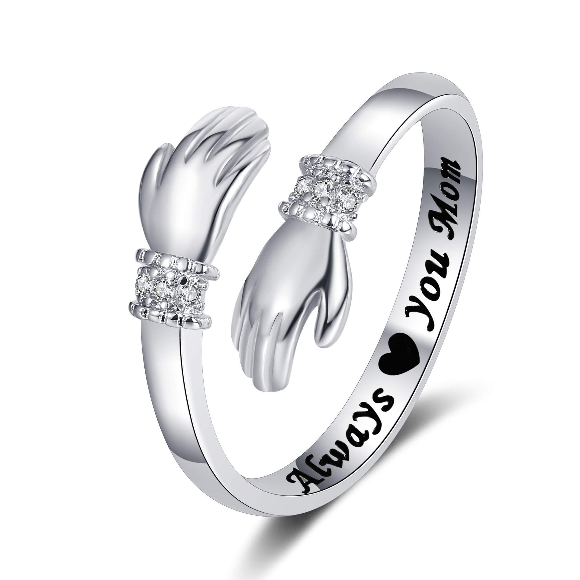 Picture of Europe and the United States creative love hug hands diamond ring women's lettering opening adjustable ring warm heart gift