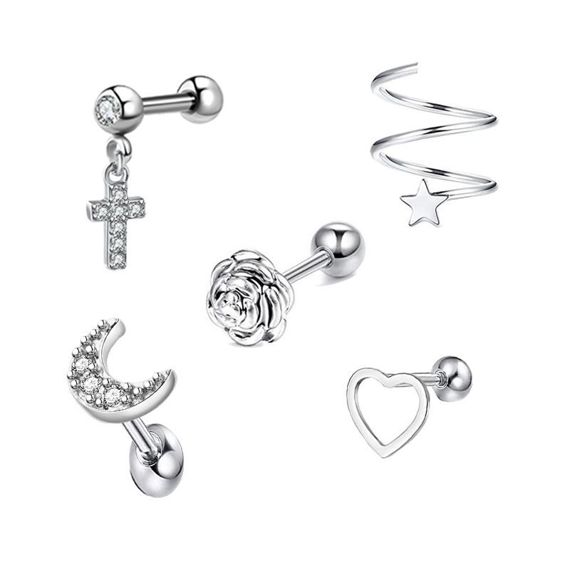 Picture of 5-Piece Set of Amazon Geometric Stainless Steel Zircon Earrings Cross-Border European and American Piercing Jewelry Silver Twisted Tooth Earrings
