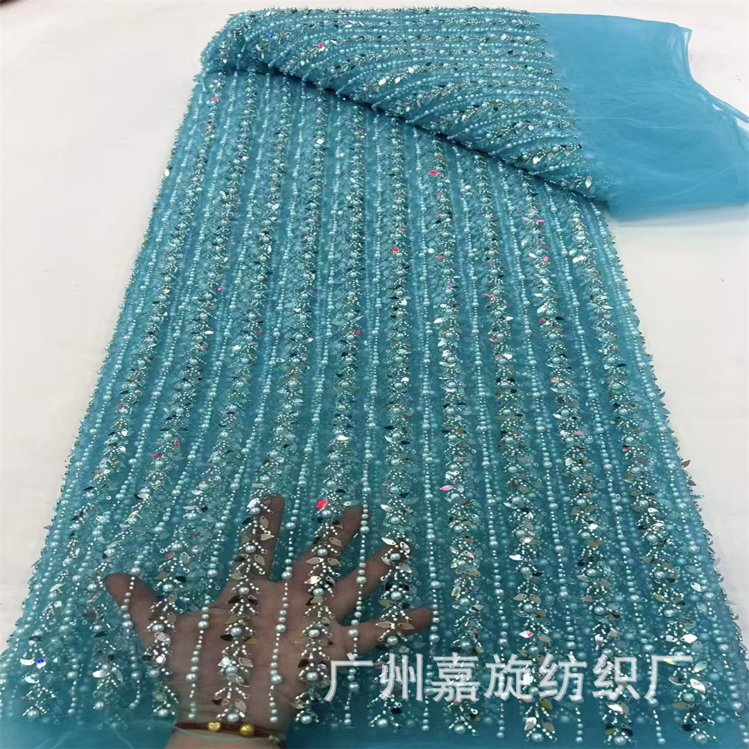 Foreign trade dense stripe full version leaf bead tube clothing mesh fabric European and American wedding dress yarn lace fabric