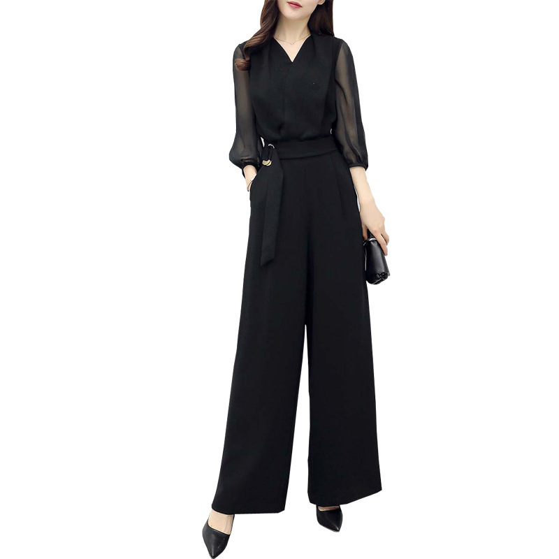 Picture of Spring and Summer New High Waist Chiffon Jumpsuit Black Cropped Sleeve Slim-fit Slimming Elegant Wide Leg Jumpsuit for Women