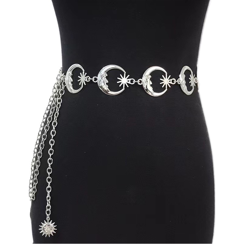 European and American Cross-Border Jewelry, Fashionable Metal Heart Waist Chain, Simple Punk Moon Sun Pendant Belt Accessories