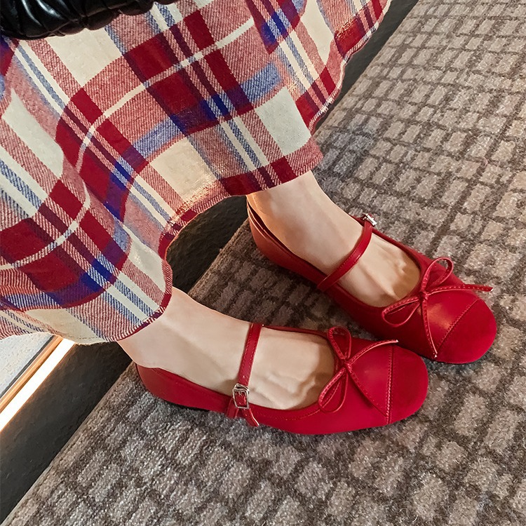 Gusen French Mary Jane Shoes Soft Sole Lambskin Bow Shallow Mouth Flats for Women 2024 New Small Leather Shoes