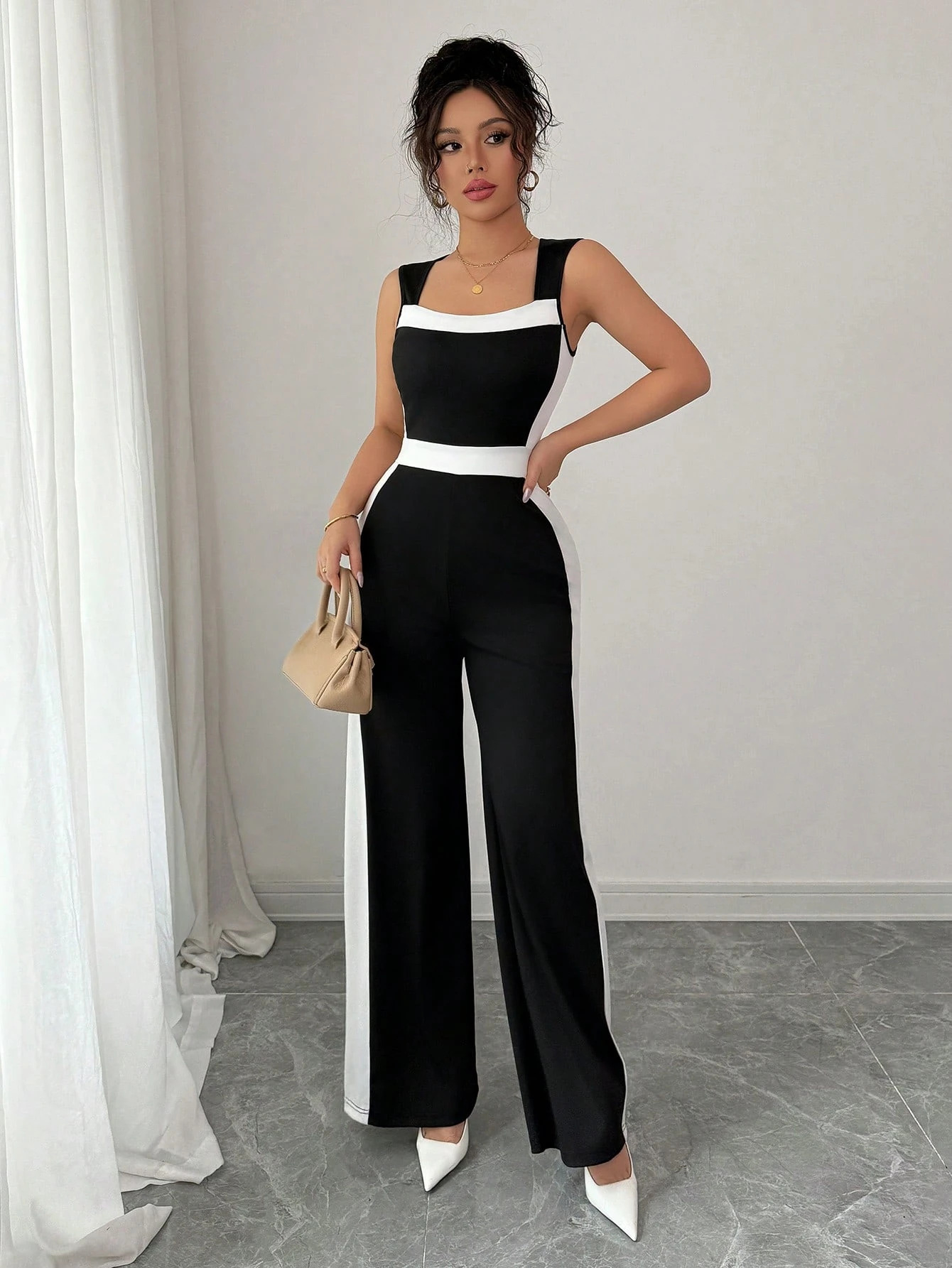 Picture of Cross-border European and American clothing 2025 women's spring and summer vacation style European and American temperament color-blocking sleeveless wide-leg jumpsuit