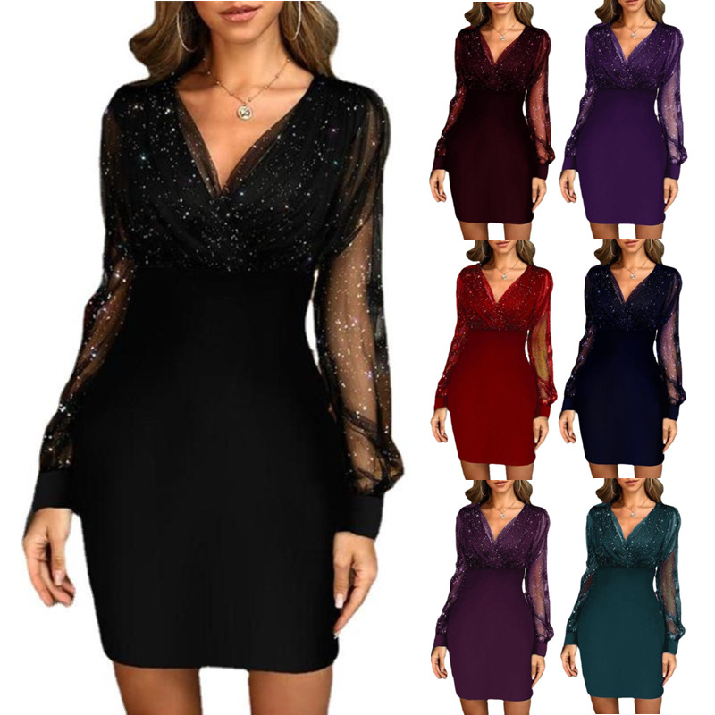 European and American Cross-border Women's Clothing Amazon Independent Station Mesh V-neck Sequin Dress Foreign Trade Sexy Long Sleeve Dress