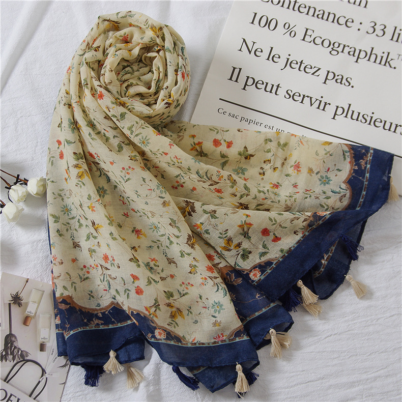 Japanese Style Fresh Style Style Cotton and Linen Scarf Bali Yarn Floral Contrast Color Spring and Summer Multifunctional Silk Scarf Shawl Women