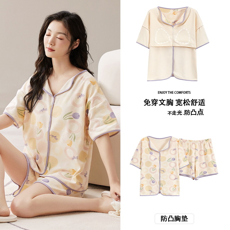 2024 Short-sleeved Pajamas Women's Summer Thin Cotton Home Clothes with Chest Pad Anti-bump Outfit suit Cross-border