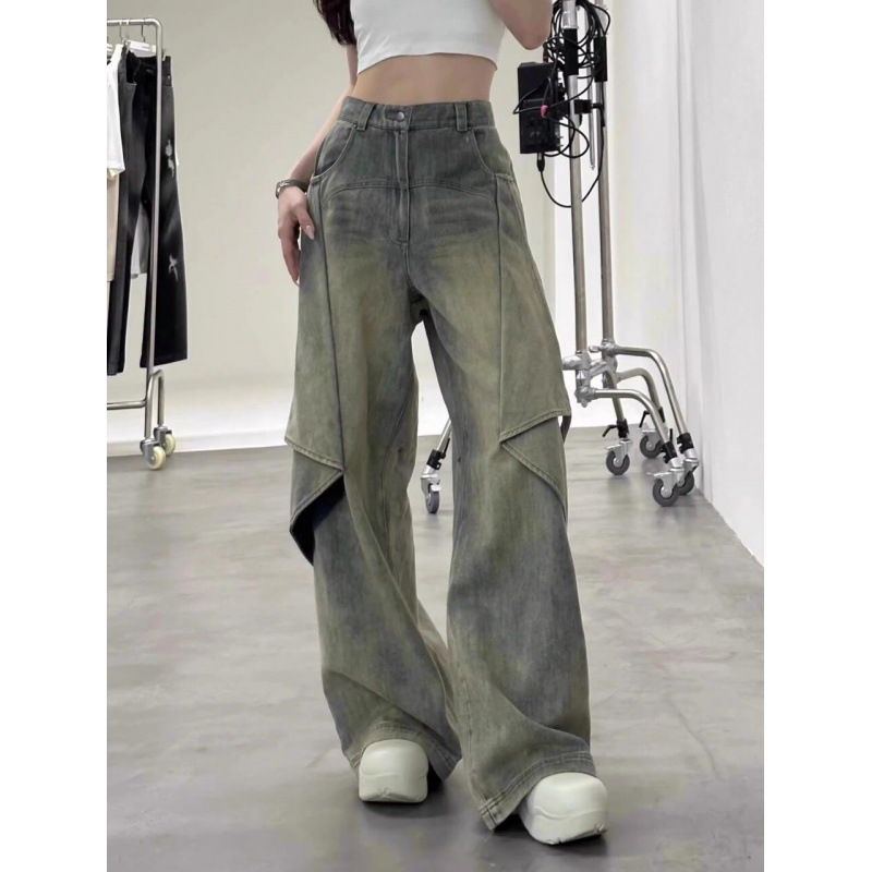 American Style Retro Pendant Jeans Women's Design High Waist Straight Leg Pants Casual Loose Wide Leg Pants