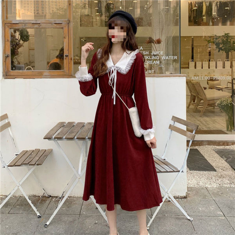 New Christmas Autumn and Winter French Dress Women's Red Tight Waist Slimming Long Sleeve Hepburn Style dress plus size