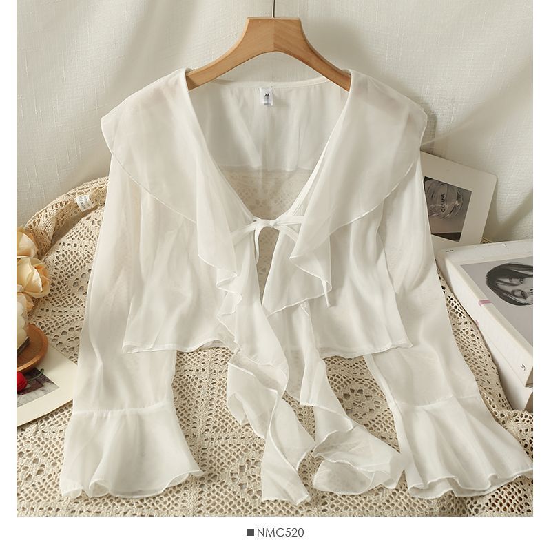 Picture of Sweet Ruffled Lace-up Short Chiffon Shirt for Women in Summer with Suspender Skirt and Shawl Small Outwear Sun Protection Blouse