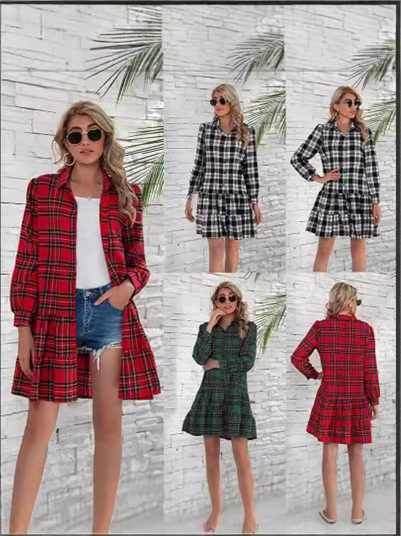 European and American Foreign Trade Autumn and Winter New Amazon WISH Hot Plaid Shirt Long Sleeve Single-breasted Cake dress
