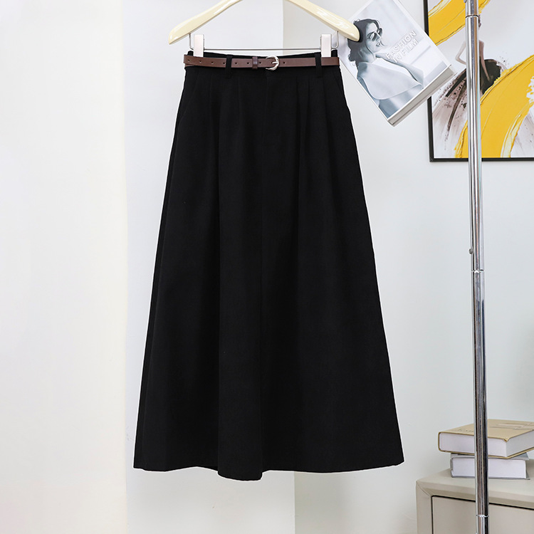 Picture of Maillard Retro Corduroy Skirt for Women, Autumn and Winter Khaki Casual Style with Belt, Mid-Length Pleated A-Line Skirt