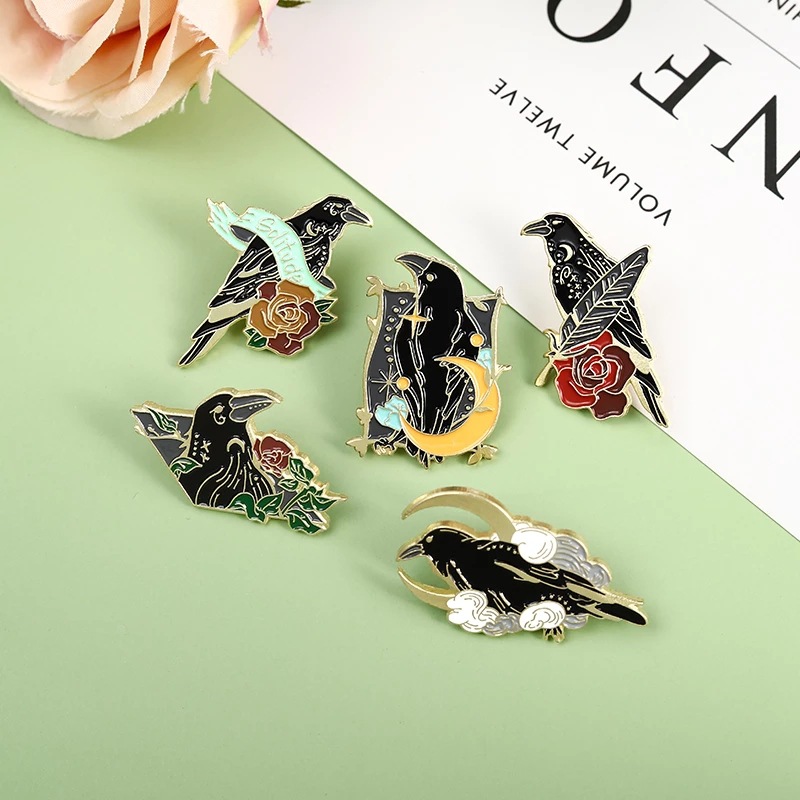 Crescent Ribbon Flower Crow Creative Animal Brooch Trendy Black Feather Crow Playful Fashion Clothing