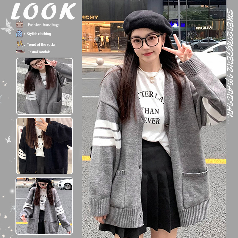 Korean Style Lazy Preppy Style Loose 2024 Autumn and Winter Gentle Wind Soft Waxy Knitted Sweater Cardigan Gray One Size Black