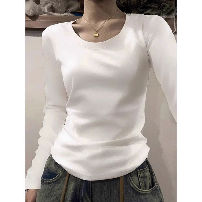 Picture of American Style Shoulder Long-Sleeved T-Shirt Women's Autumn and Winter Women's New U-Neck Slim-Fit Sanding Base Shirt Top for Women