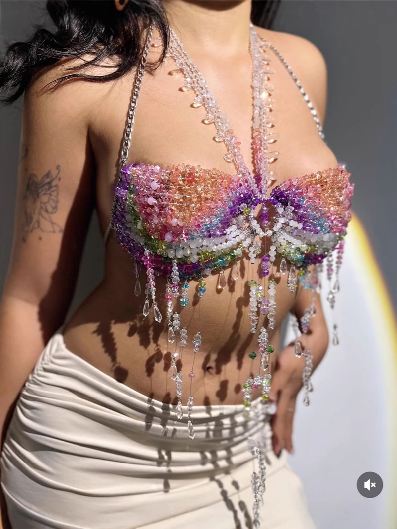 2025 European and American Cross-Border New Handmade Colorful Bead Halter Necklace Multi-Layer Sexy Hot Girl Tube Top Vest