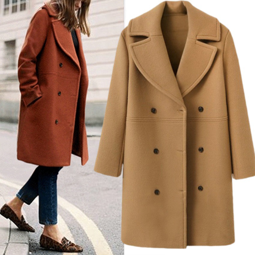 Picture of European and American autumn and winter plus size cross-border women's woolen coat women's double-breasted long windbreaker woolen coat wholesale