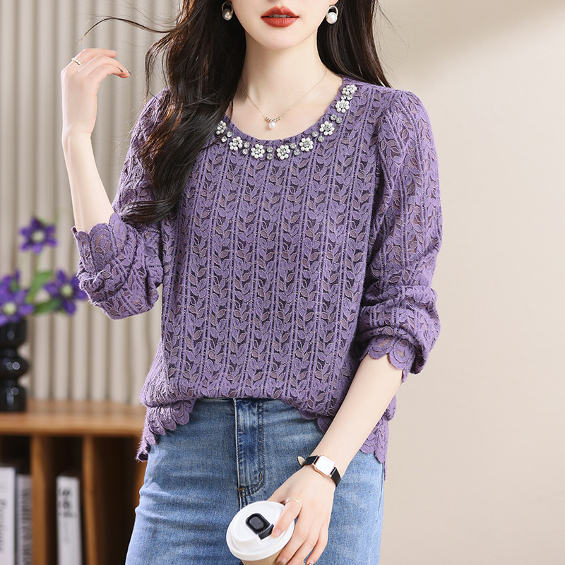 Picture of Plus Size Women's Autum New Fat mm Diamond Lace Shirt, Stylish Round Neck Long-Sleeved Bottoming Top