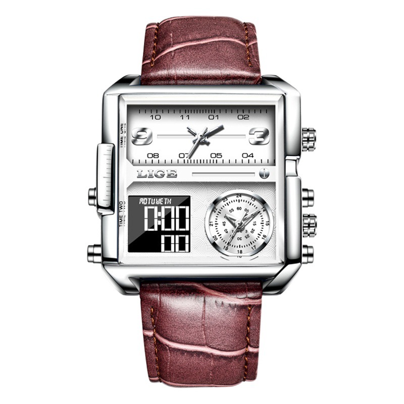 Double Display Watch Men's Large Dial Square Trendy Business Calendar Quartz Watch Men's Waterproof Luminous Cross-border Explosions