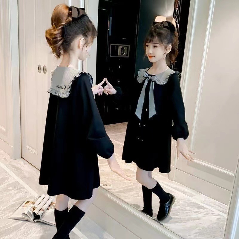 Internet Celebrant Baby Girl Korean Style Casual Solid Color Dress Children's Spring and Autumn New Arrival Stylish Doll Collar Fashionable Princess Dress