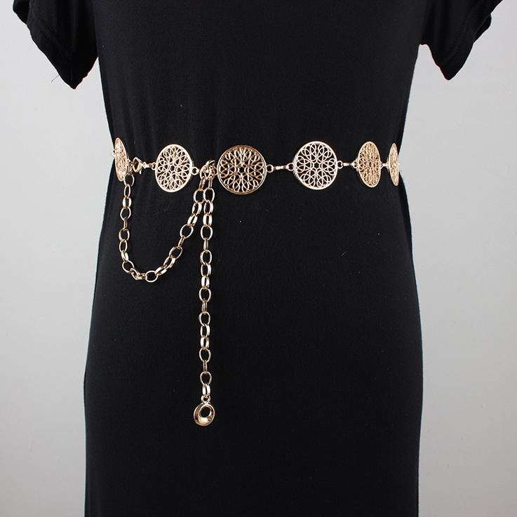 Hollow gold coin waist chain Women's retro simple decorative metal chain belt with dress suit waist thin belt