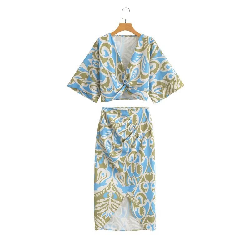 European and American style Foreign trade Women's 2023 Summer new fashion retro knot decoration printed jacket skirt set Wholesale